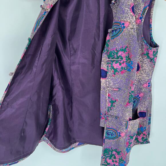 Women's Vintage Cheongsam Vest Purple Floral Frog Button Sleeveless Collared M/L - Picture 4 of 8